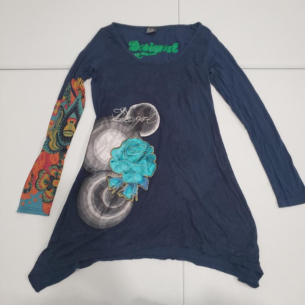 Desigual Tunic Shirt Womens Small Blue Long Sleeve Asym Hem Floral Boho